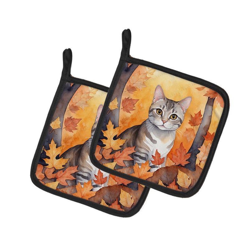 European Shorthair Cat in Fall Leaves Pot Holders - Set of 2 Decorative Kitchen Helpers | Made in the USA