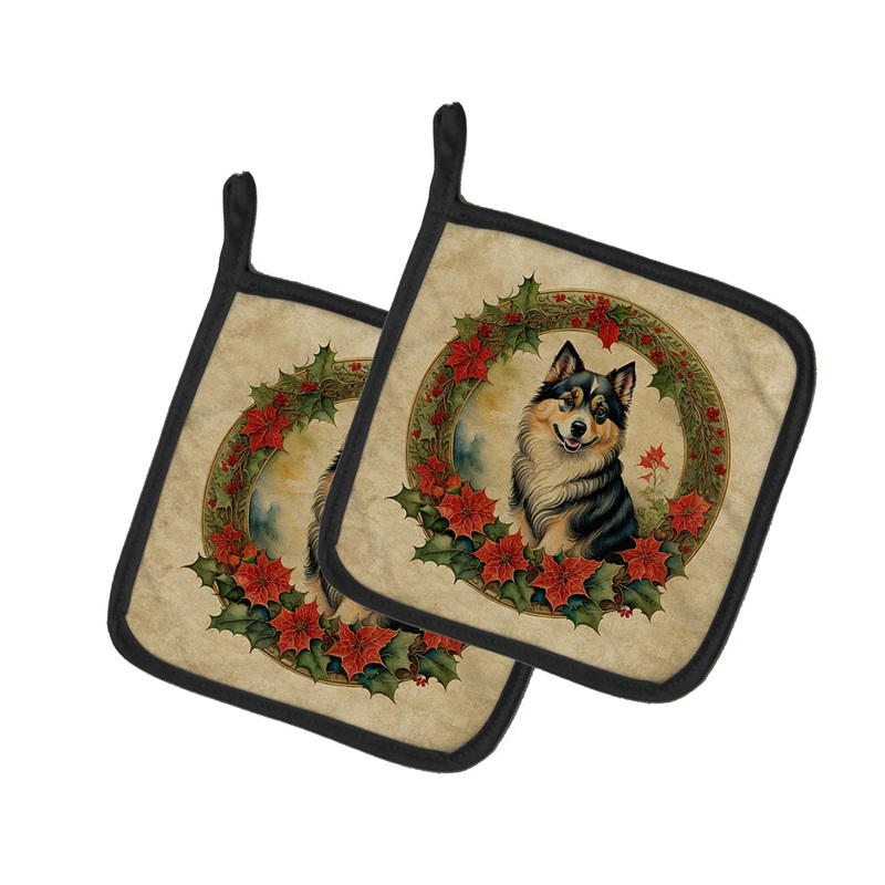 Finnish Lapphund Christmas Flowers Pot Holders - Set of 2 Decorative Kitchen Helpers | Made in the USA