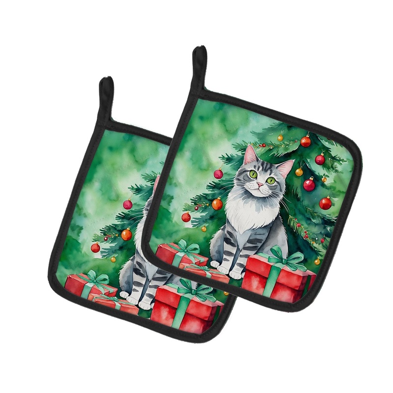 Foldex Exotic Fold Cat By the Christmas Tree Pot Holders - Set of 2 Decorative Kitchen Helpers | Made in the USA