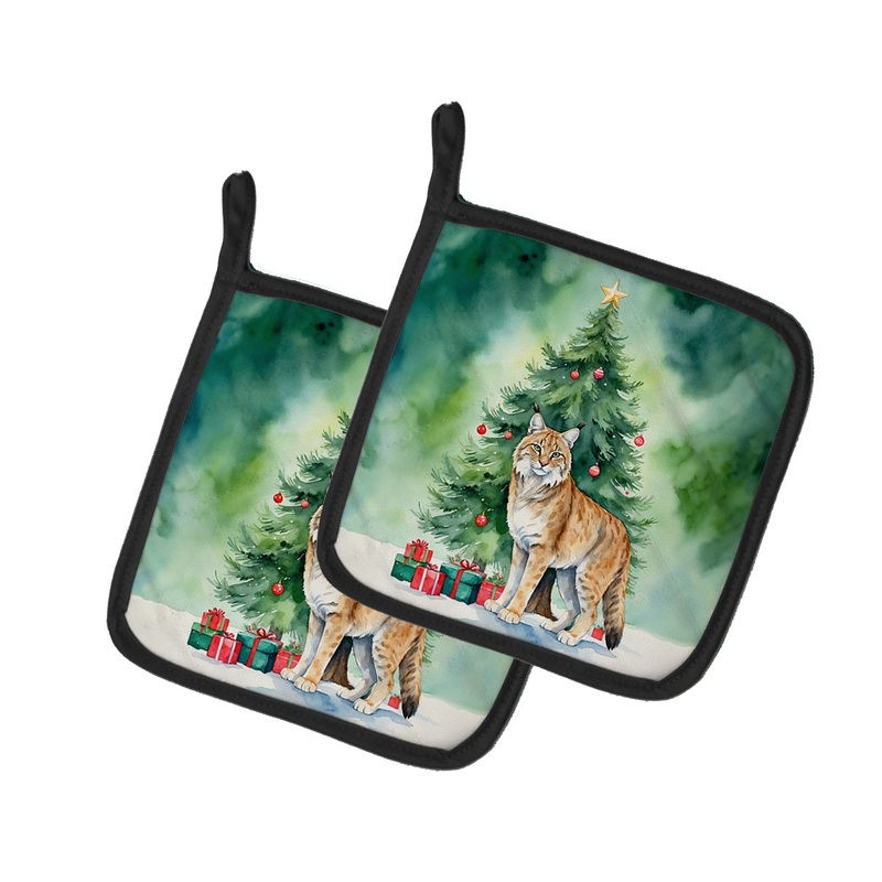 Highlander Lynx Cat By the Christmas Tree Pot Holders - Set of 2 Decorative Kitchen Helpers | Made in the USA