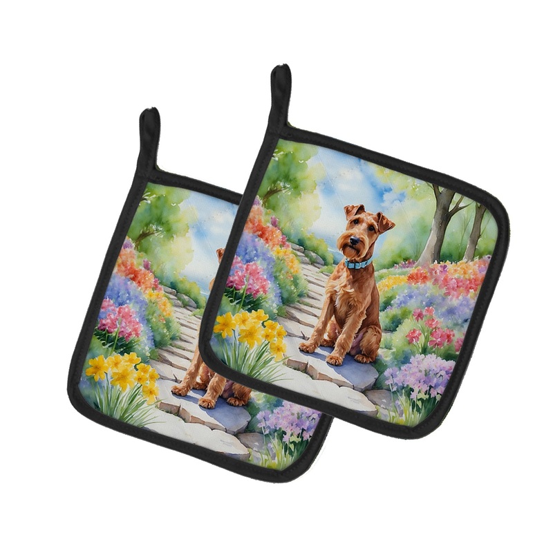 Irish Terrier Spring Path Pot Holders - Set of 2 Decorative Kitchen Helpers | Made in the USA