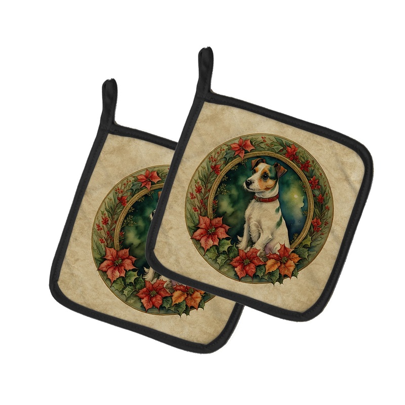 Jack Russell Terrier Christmas Flowers Pot Holders - Set of 2 Decorative Kitchen Helpers | Made in the USA