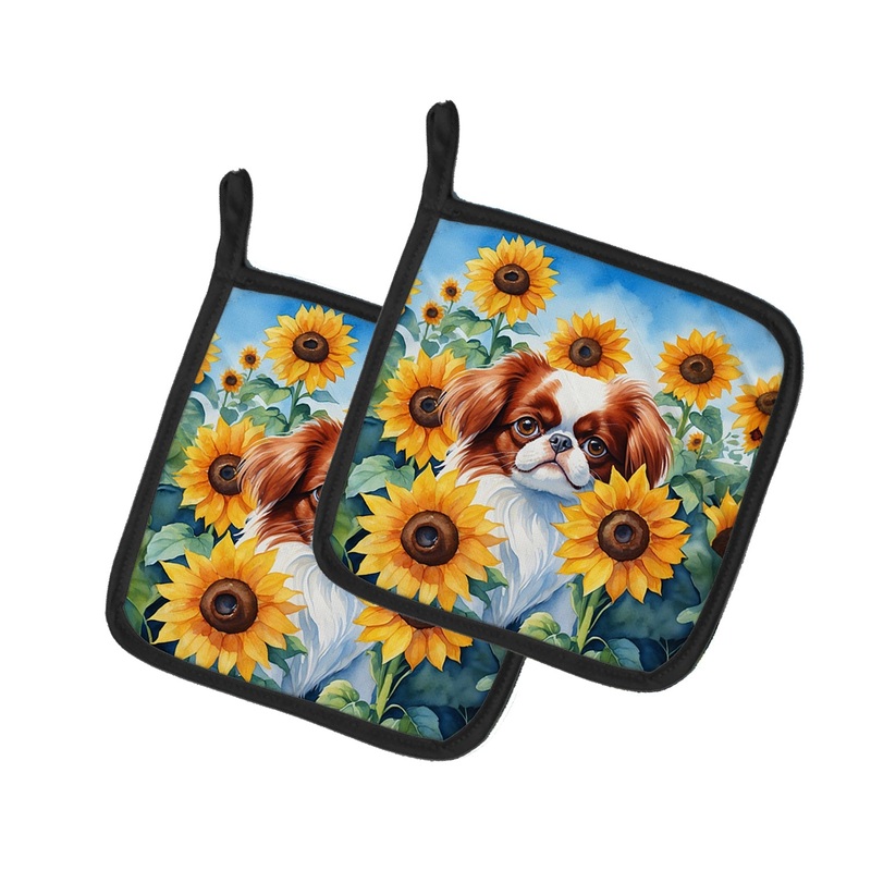 Japanese Chin in Sunflowers Pot Holders - Set of 2 Decorative Kitchen Helpers | Made in the USA