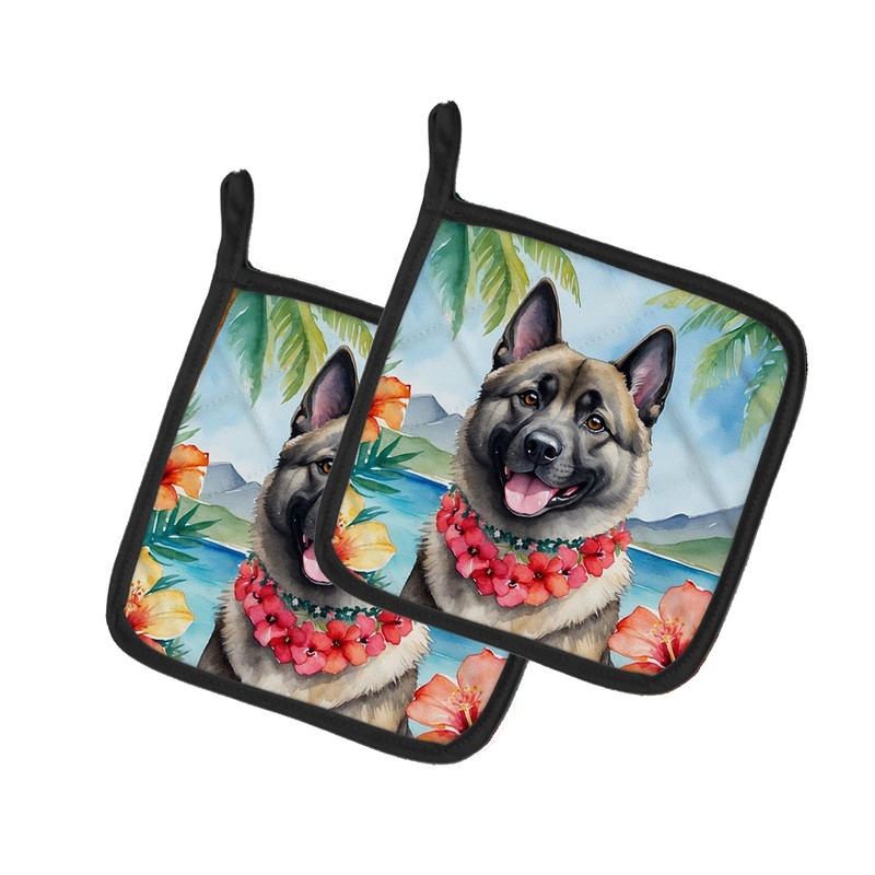 Norwegian Elkhound Luau Pot Holders - Set of 2 Decorative Kitchen Helpers | Made in the USA