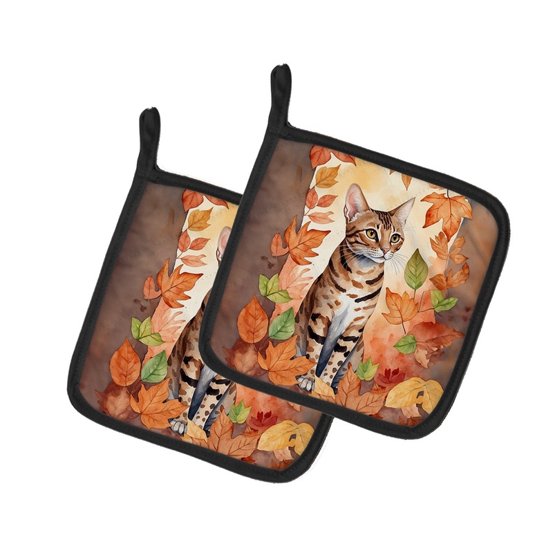 Ocicat Cat in Fall Leaves Pot Holders - Set of 2 Decorative Kitchen Helpers | Made in the USA