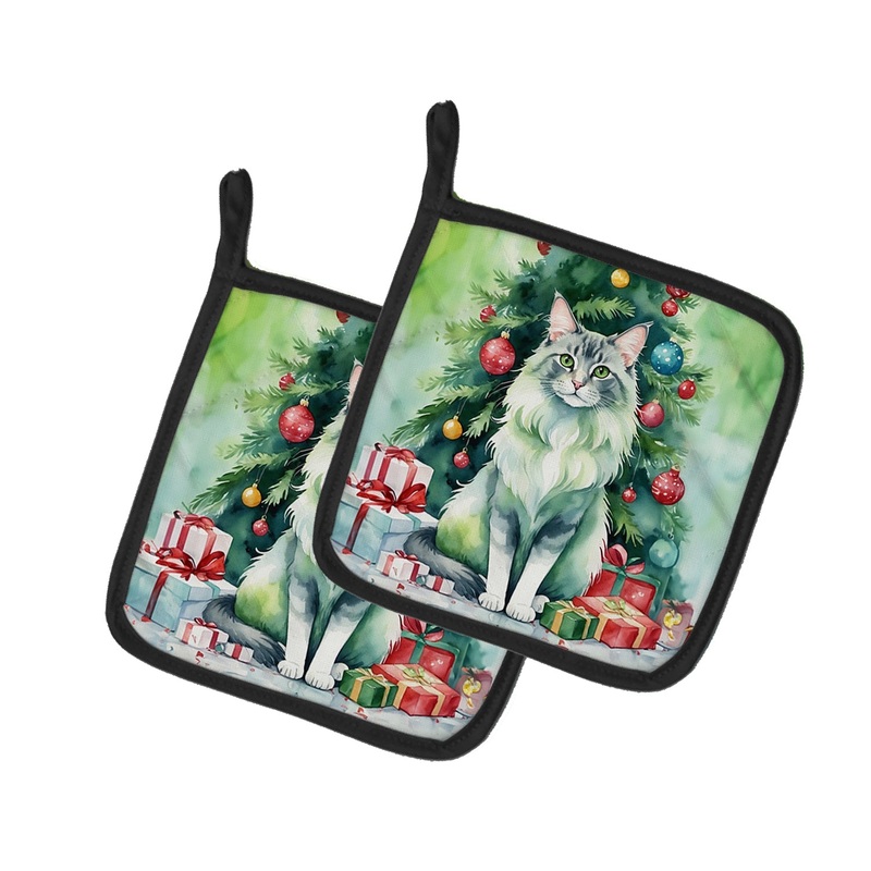 Oriental Longhair Cat By the Christmas Tree Pot Holders - Set of 2 Decorative Kitchen Helpers | Made in the USA