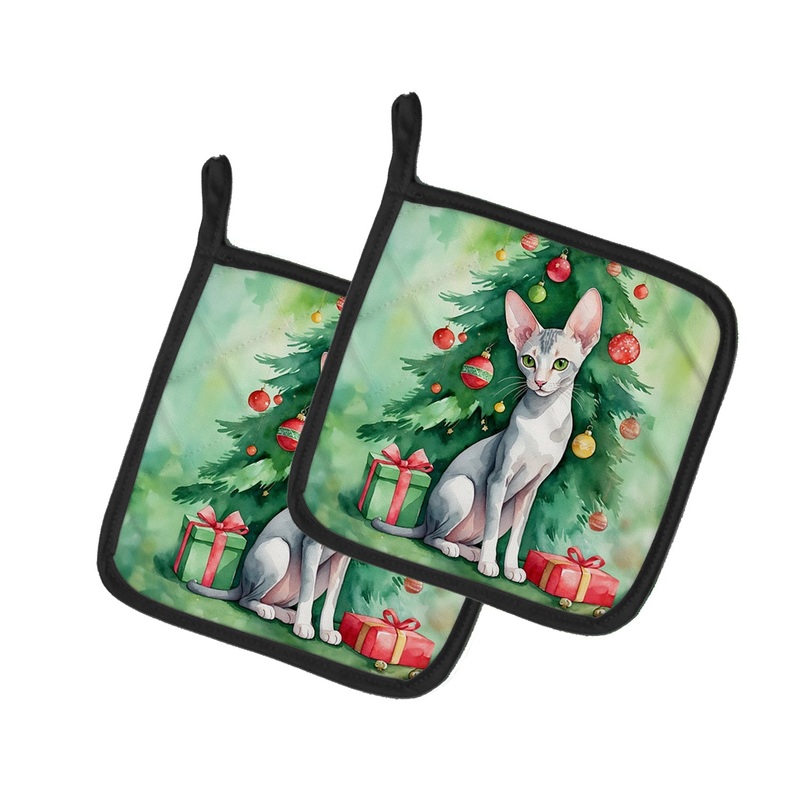 Oriental Shorthair Cat By the Christmas Tree Pot Holders - Set of 2 Decorative Kitchen Helpers | Made in the USA