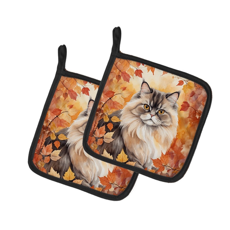 Persian Cat in Fall Leaves Pot Holders - Set of 2 Decorative Kitchen Helpers | Made in the USA