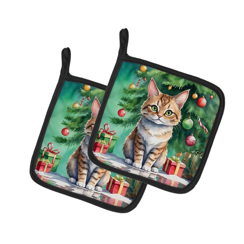 Pixie Bob Cat By the Christmas Tree Pot Holders - Set of 2 Decorative Kitchen Helpers | Made in the USA