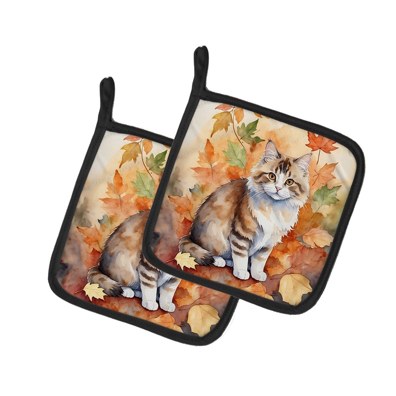 Ragamuffin Cat in Fall Leaves Pot Holders - Set of 2 Decorative Kitchen Helpers | Made in the USA