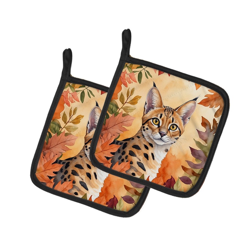 Serengeti Cat in Fall Leaves Pot Holders - Set of 2 Decorative Kitchen Helpers | Made in the USA