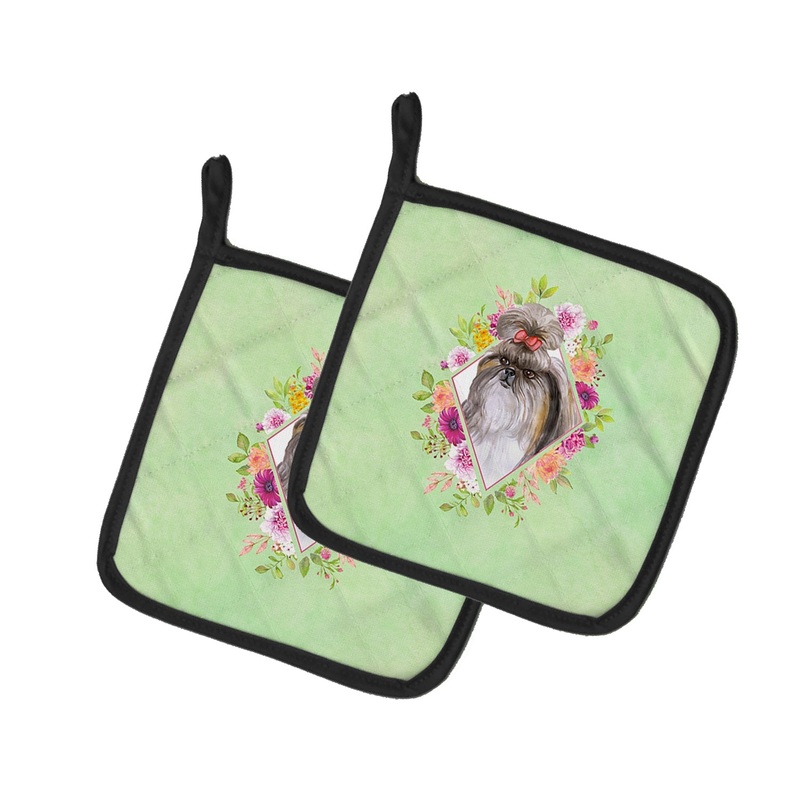 Shih Tzu Green Flowers Pot Holders - Set of 2 - Heat-Resistant Kitchen Essentials CK4344PTHD