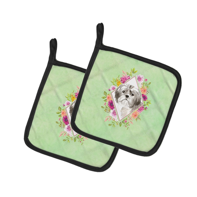 Shih Tzu Puppy Green Flowers Pot Holders - Set of 2 - Heat-Resistant Kitchen Essentials CK4371PTHD