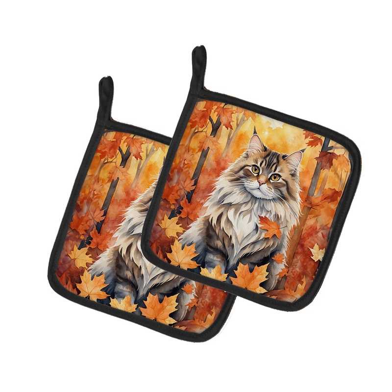 Siberian Cat in Fall Leaves Pot Holders - Set of 2 Decorative Kitchen Helpers | Made in the USA