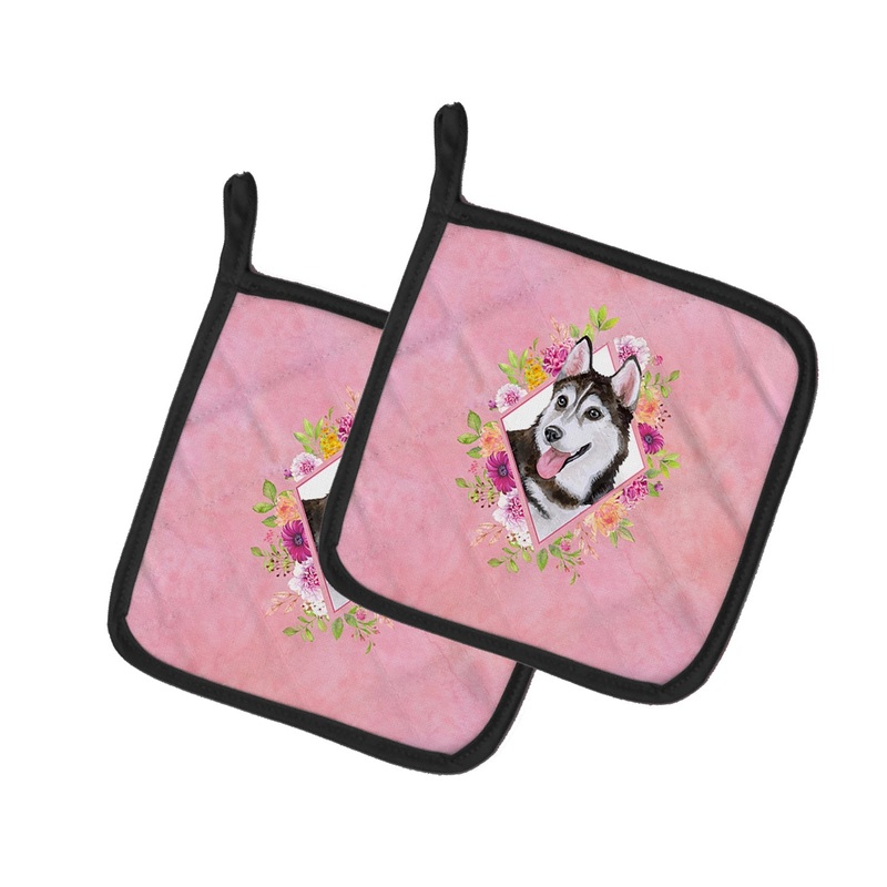 Siberian Husky #1 Pink Flowers Pot Holders - Set of 2 - Heat-Resistant Kitchen Essentials CK4151PTHD