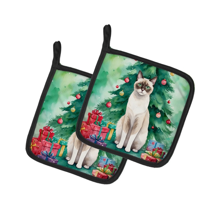 Snowshoe Cat By the Christmas Tree Pot Holders - Set of 2 Decorative Kitchen Helpers | Made in the USA