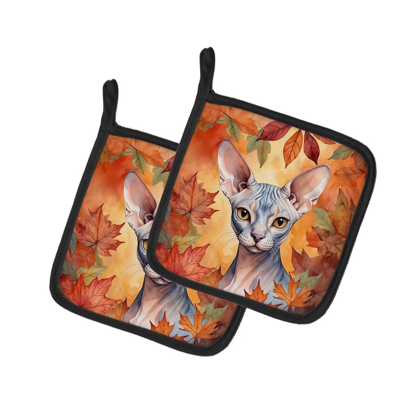 Sphynx Cat in Fall Leaves Pot Holders - Set of 2 Decorative Kitchen Helpers | Made in the USA
