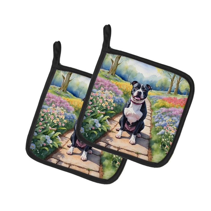 Staffordshire Bull Terrier Spring Path Pot Holders - Set of 2 Decorative Kitchen Helpers | Made in the USA