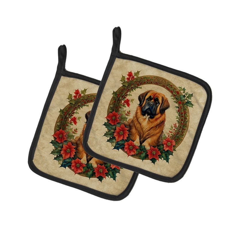 Tibetan Mastiff Christmas Flowers Pot Holders - Set of 2 Decorative Kitchen Helpers | Made in the USA