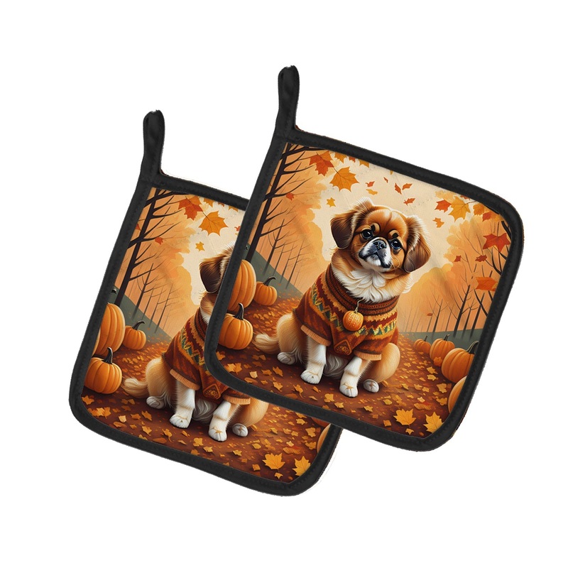 Tibetan Spaniel Fall Pot Holders - Set of 2 Decorative Kitchen Helpers | Made in the USA