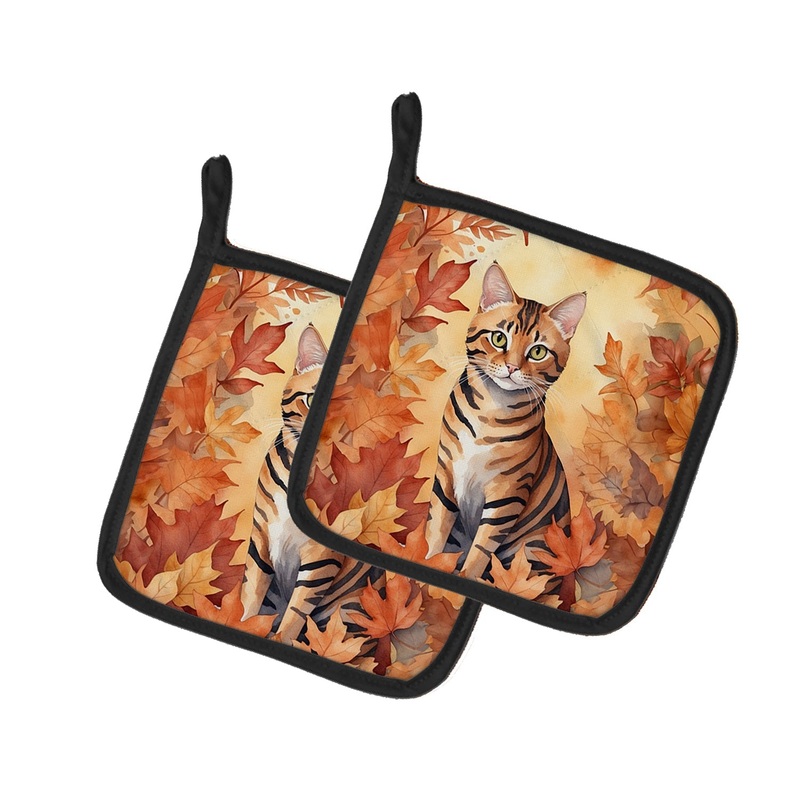 Toyger Cat in Fall Leaves Pot Holders - Set of 2 Decorative Kitchen Helpers | Made in the USA