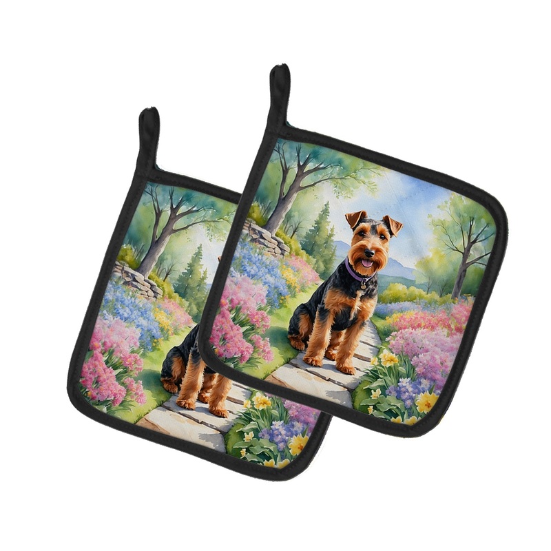 Welsh Terrier Spring Path Pot Holders - Set of 2 Decorative Kitchen Helpers | Made in the USA