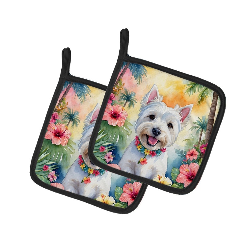 Westie Luau Pot Holders - Set of 2 Decorative Kitchen Helpers | Made in the USA