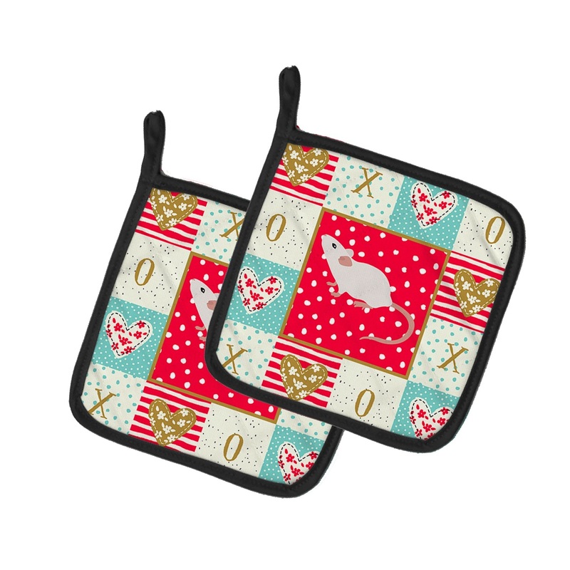 White Domestic Mouse Love Pot Holders - Set of 2 - Heat-Resistant Kitchen Essentials CK5454PTHD