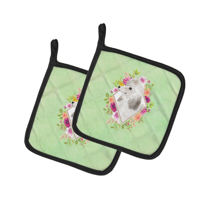 White Standard Poodle Green Flowers Pot Holders - Set of 2 - Heat-Resistant Kitchen Essentials CK4360PTHD