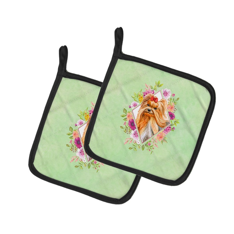Yorkshire Terrier #2 Green Flowers Pot Holders - Set of 2 - Heat-Resistant Kitchen Essentials CK4355PTHD