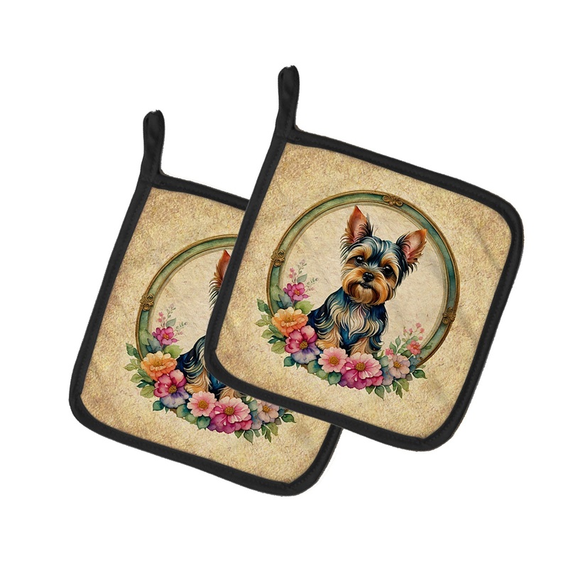 Yorkshire Terrier and Flowers Pot Holders - Set of 2 Decorative Kitchen Helpers | Made in the USA