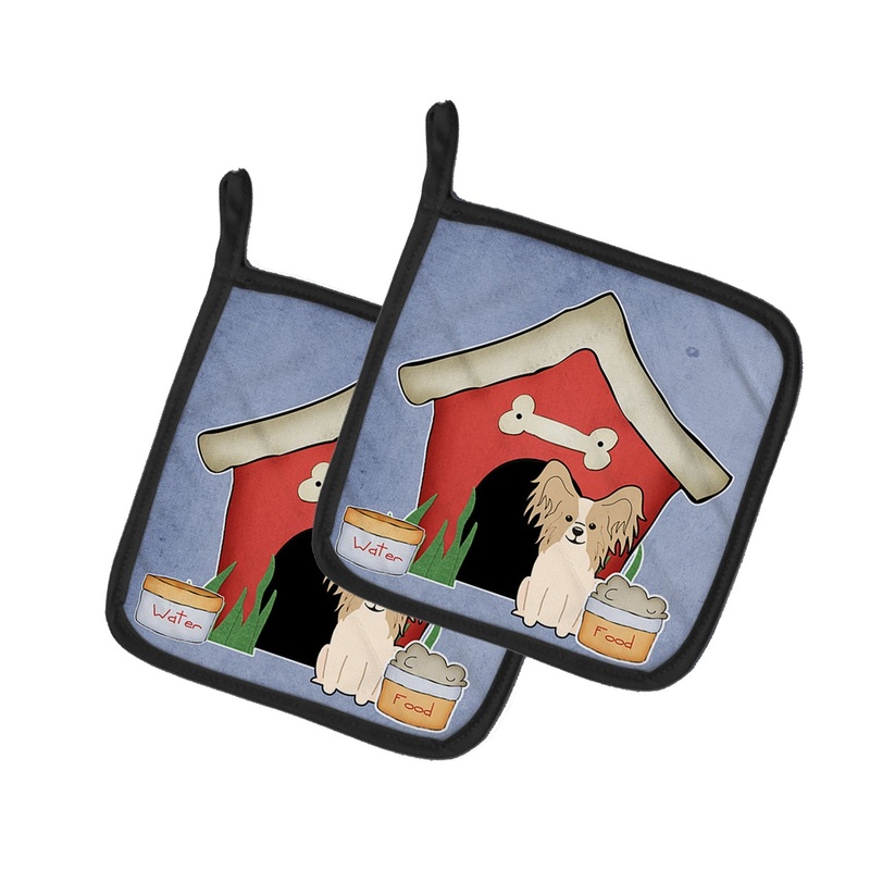 Dog House Collection Papillon Sable White Pot Holders - Set of 2 - Heat-Resistant Kitchen Essentials BB2831PTHD