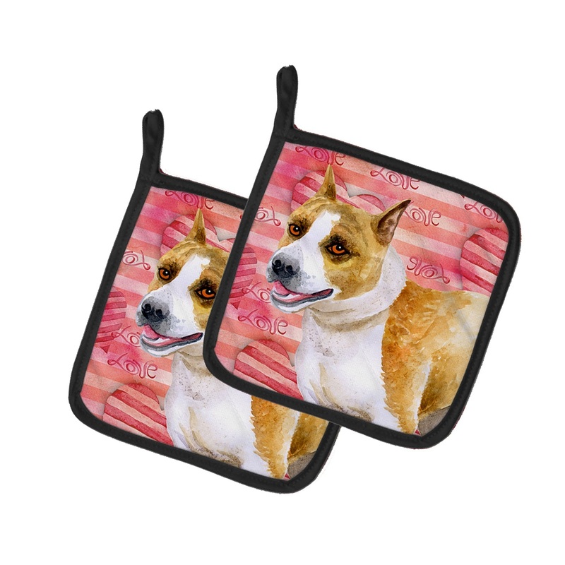 American Staffordshire Love Pot Holders - Set of 2 - Heat-Resistant Kitchen Essentials BB9731PTHD