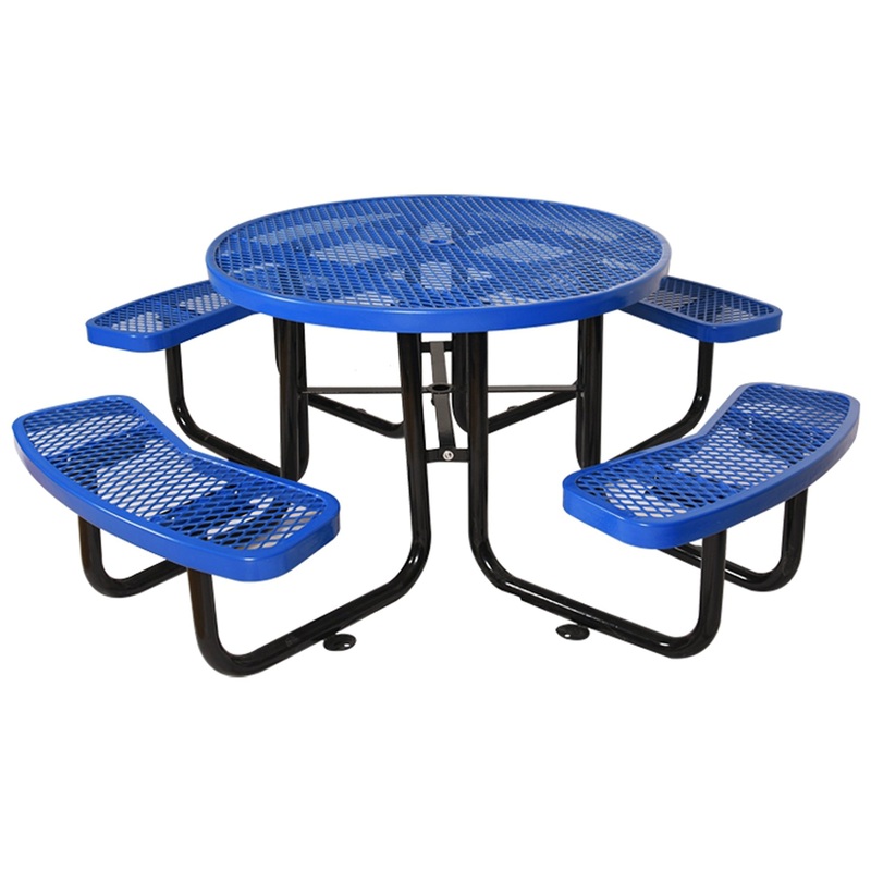 Round Outdoor Steel Picnic Table 46" blue, with umbrella pole