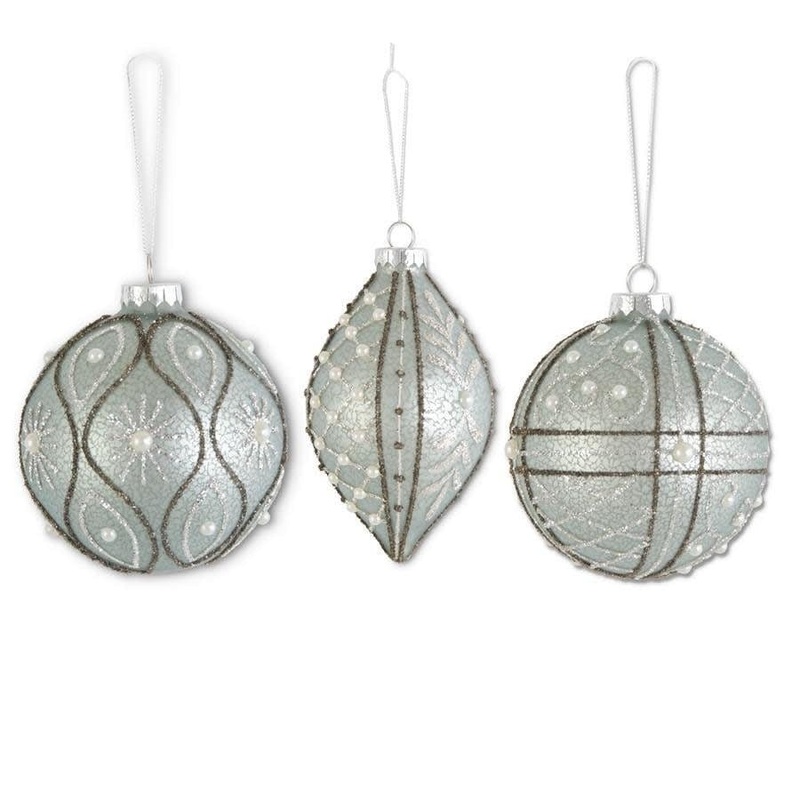 Assorted Glittered Light Blue Mercury Glass Ornaments w/Pearls - Final Sale