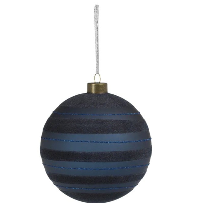 Blue Flocked Stripped Glass Ornament - Large - Final sale