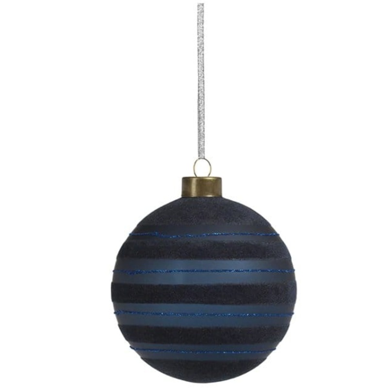Blue Flocked Stripped Glass Ornament - Medium - Final Sale
