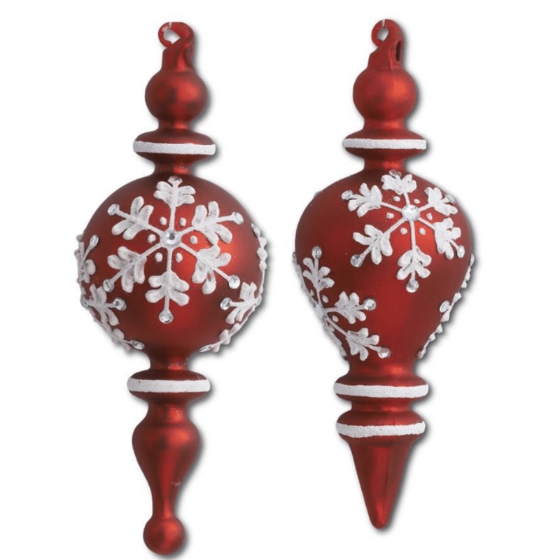Red & White Glass Teardrop Finial Ornaments W/Snowflake - Final Sale