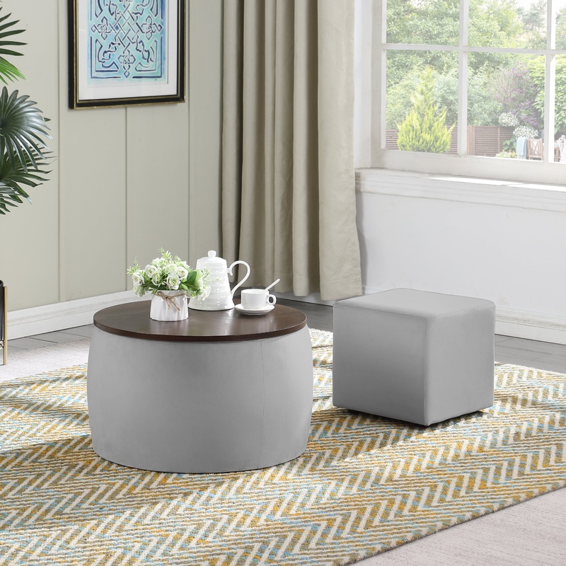 Round Ottoman Set with Storage, 2 in 1 combination, Round Coffee Table, Square Foot Rest Footstool for Living Room Bedroom Entryway Office