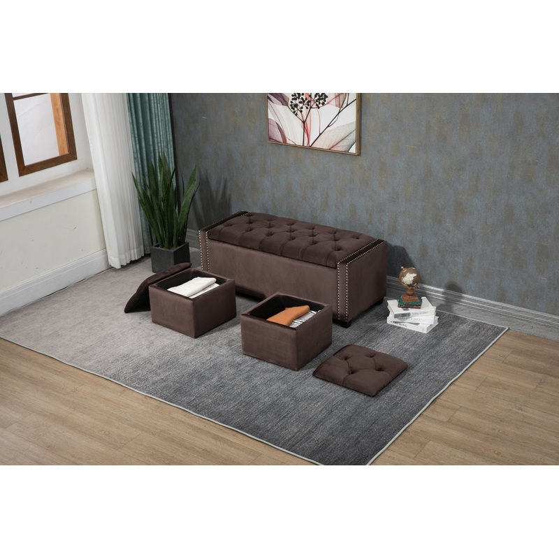 Set of 3 47.5" Wide Upholstered Storage Ottoman with Tufted Top and Solid Wood Legs BROWN