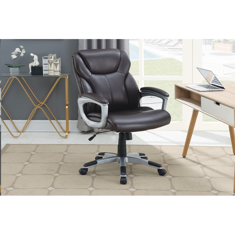 1pc Office Chair Brown Color Cushioned Headrest Adjustable Height Executive Chair Armrest Lumbar Support Work Relax