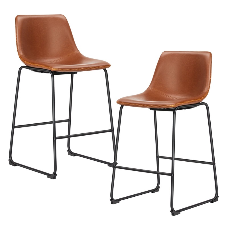 26 inch Counter Height Bar Stools Set of 2 Leather Barstool with Back and Metal Leg Modern Bar Stools for Kitchen Island Pub Living Room