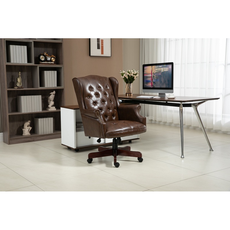 Executive Office Chair - High Back Reclining Comfortable Desk Chair - Ergonomic Design - Thick Padded Seat and Backrest - PU Leather Desk Chair with Smooth Glide Caster Wheels, 1 Pack Brown