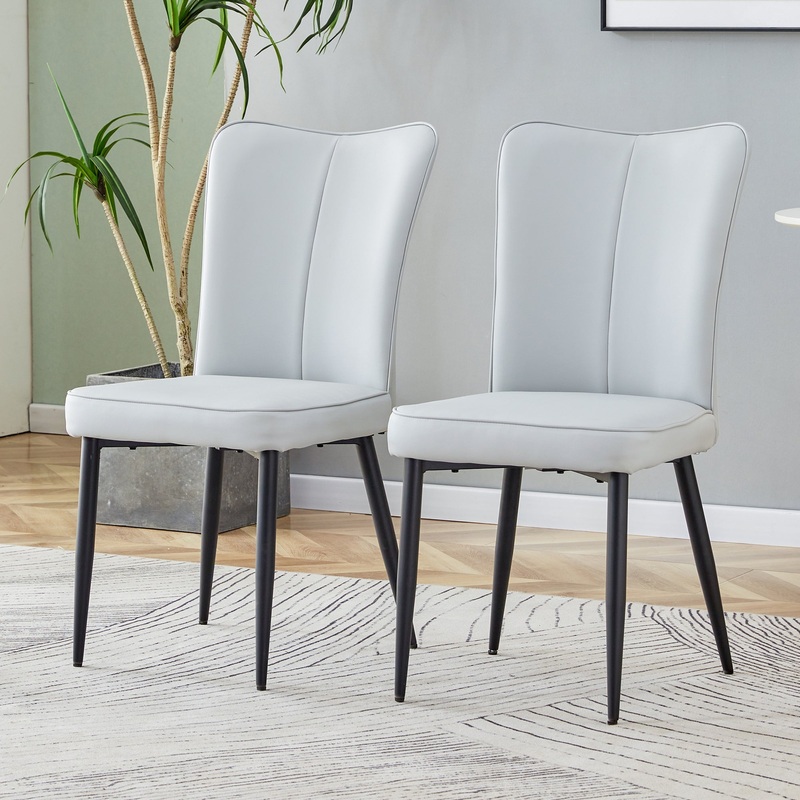 Modern minimalist dining chairs and office chairs. 2-piece set of light gray PU seats with black metal legs. Suitable for restaurants, living rooms, and offices.