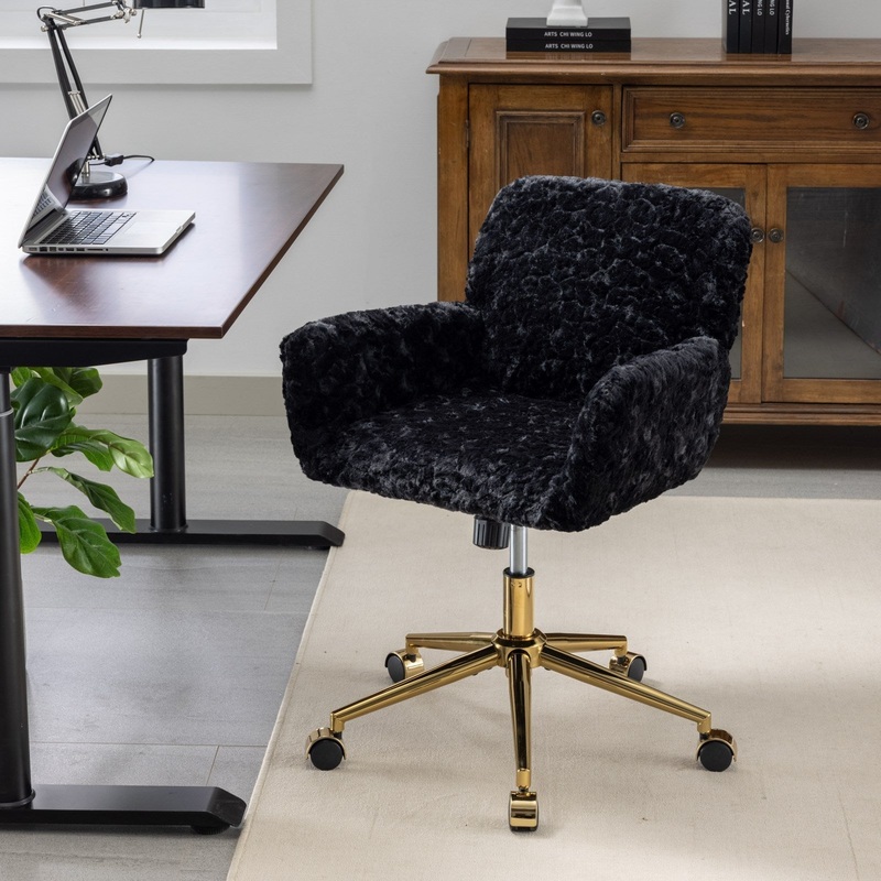 Office Chair,Artificial rabbit hair Home Office Chair with Golden Metal Base,Adjustable Desk Chair Swivel Office Chair,Vanity Chair(Black)