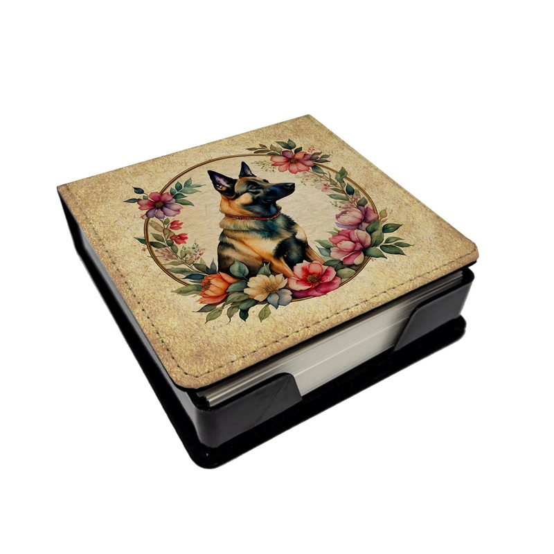Belgian Malinois and Flowers PU Leather Note Paper Holder