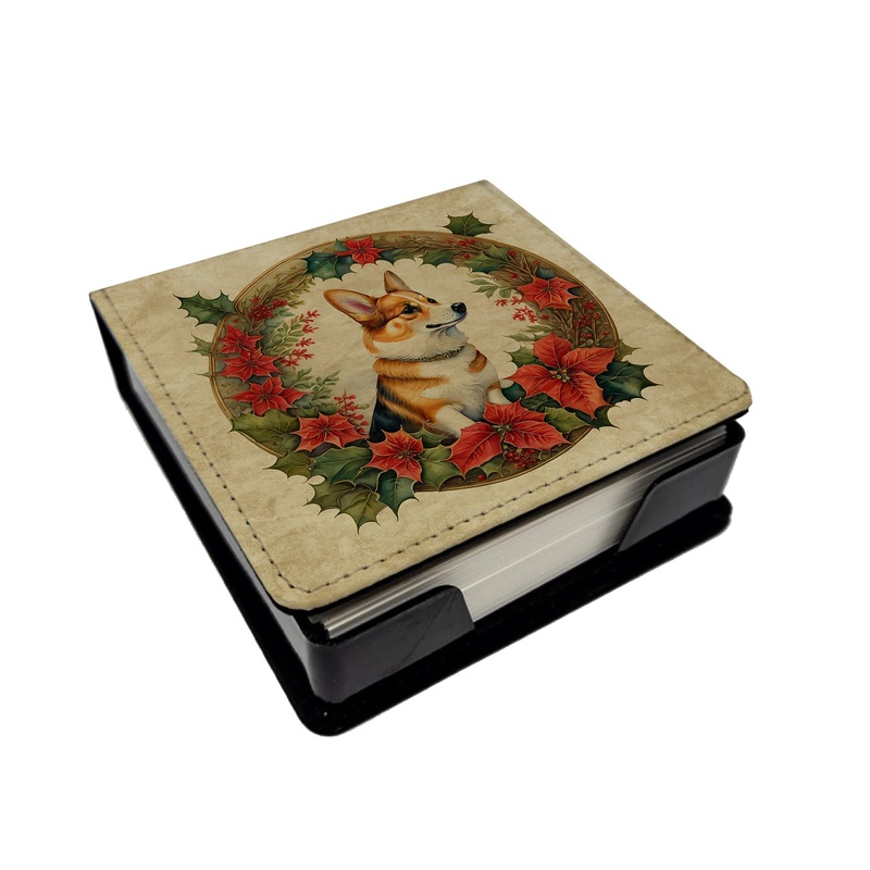 Corgi Christmas Flowers PU Leather Note Paper Holder