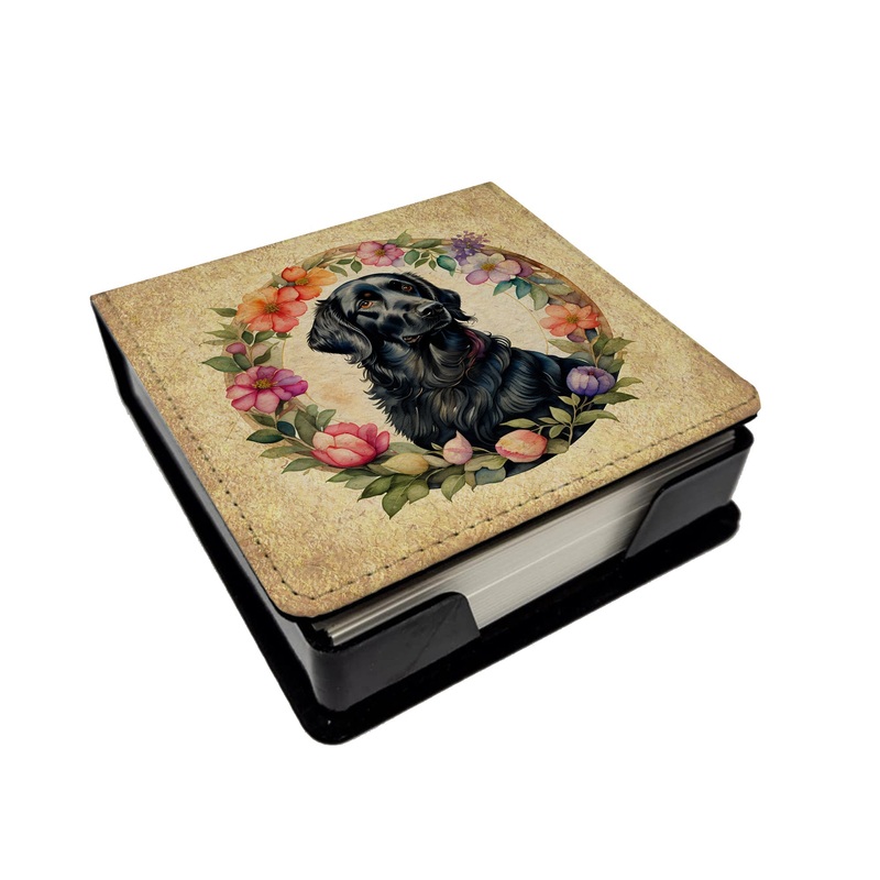 Flat-Coated Retriever and Flowers PU Leather Note Paper Holder