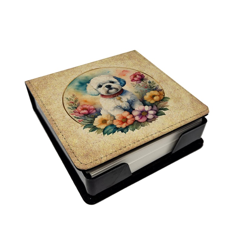 Bichon Frise and Flowers PU Leather Note Paper Holder