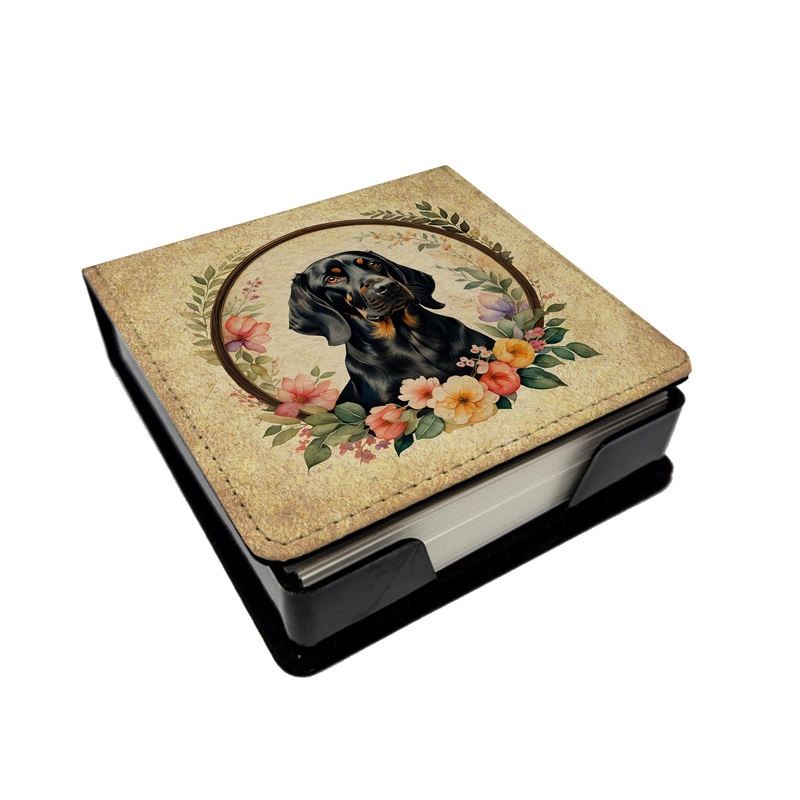 Black and Tan Coonhound and Flowers PU Leather Note Paper Holder